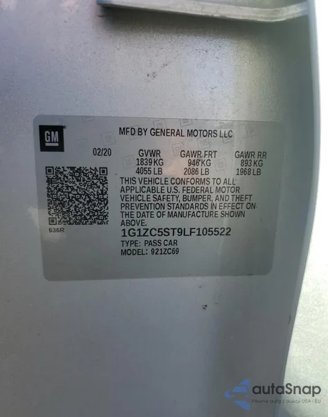 2020 Chevrolet Malibu Ls из США, поврежденный, VIN 1G1ZC5ST9LF105522